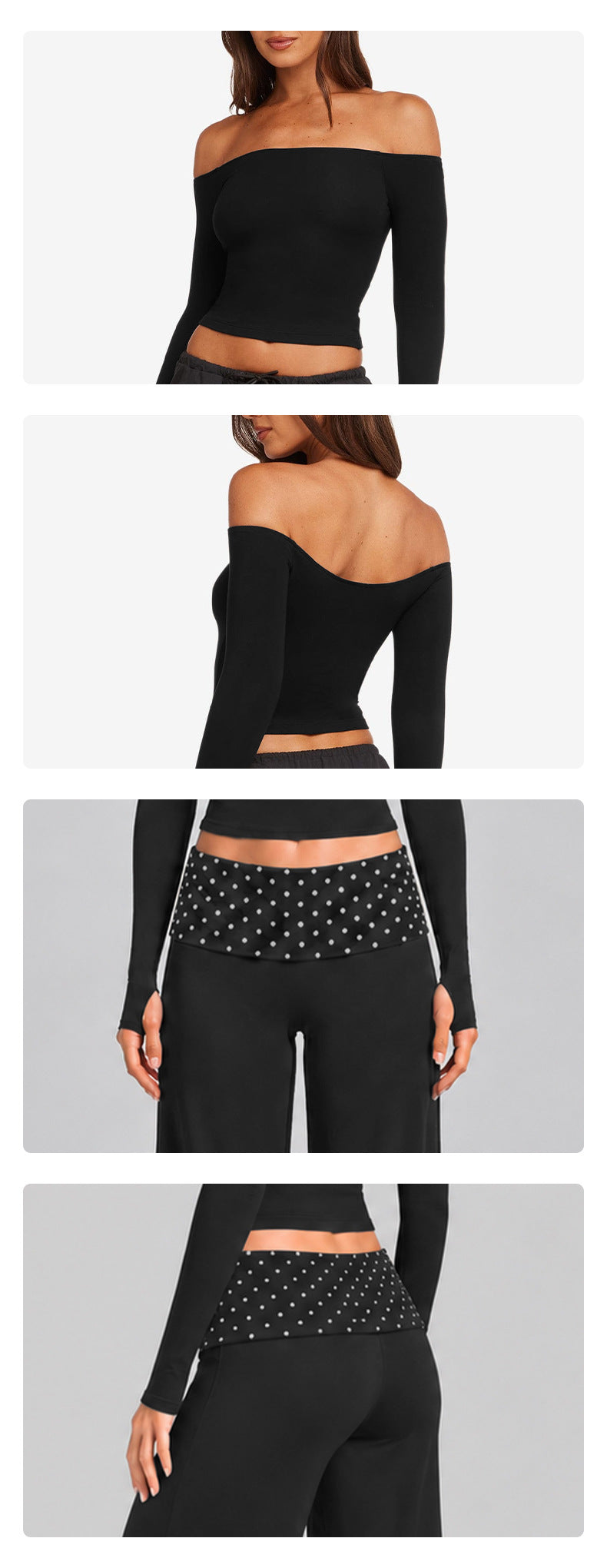 Wholesale Women’s Activewear Set | Color-Block Off-Shoulder Top & Polka Dot Workout Trousers | fouregg