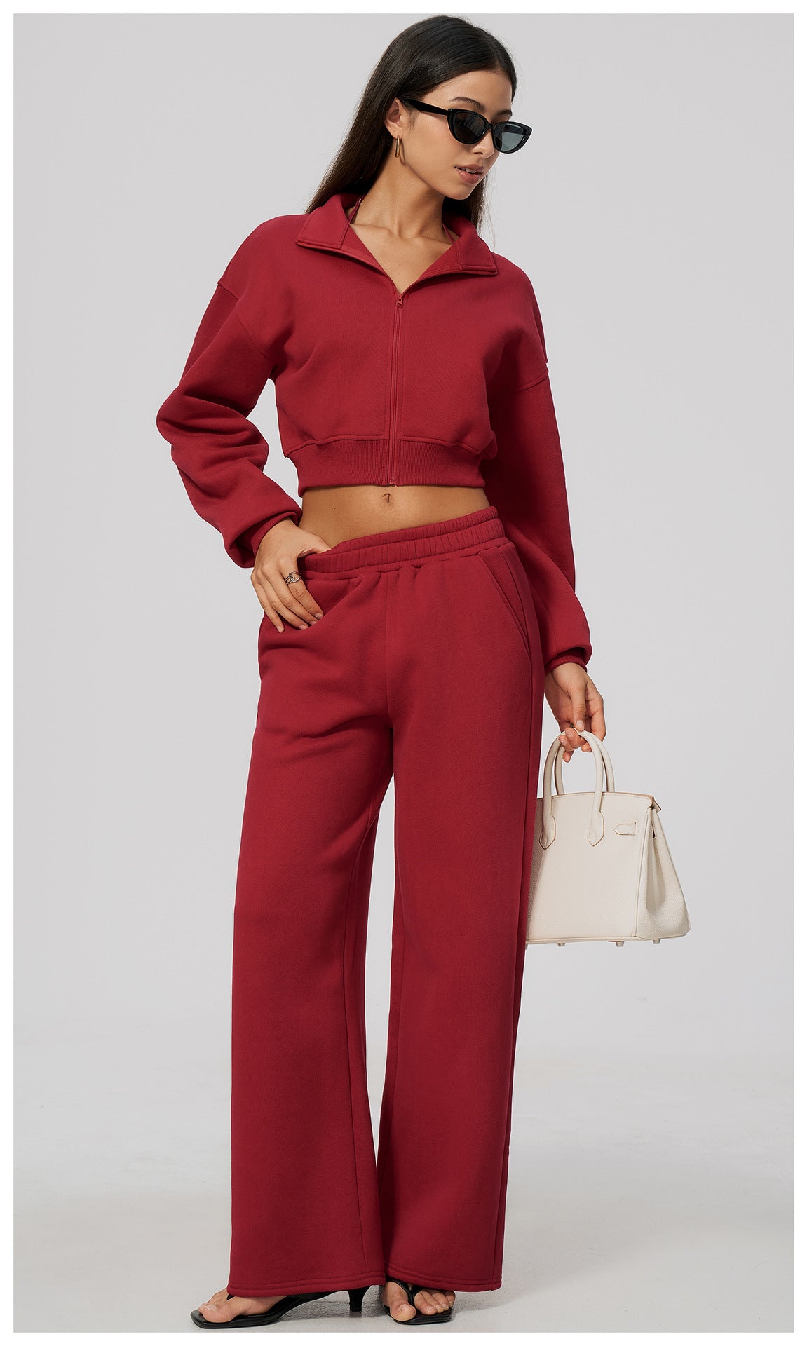 Wholesale Women’s Fleece Tracksuit | Bulk Cropped Jacket & Wide-Leg Pants 3615 | fouregg