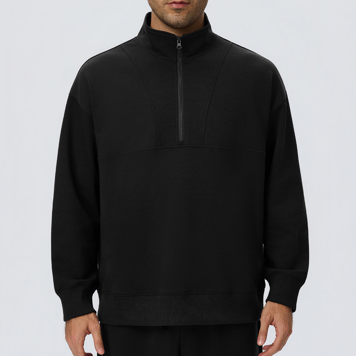 Wholesale Men’s Half-Zip Sports Pullover | Bulk Relaxed-Fit Thermal Workout Top 61531 | fouregg - Black