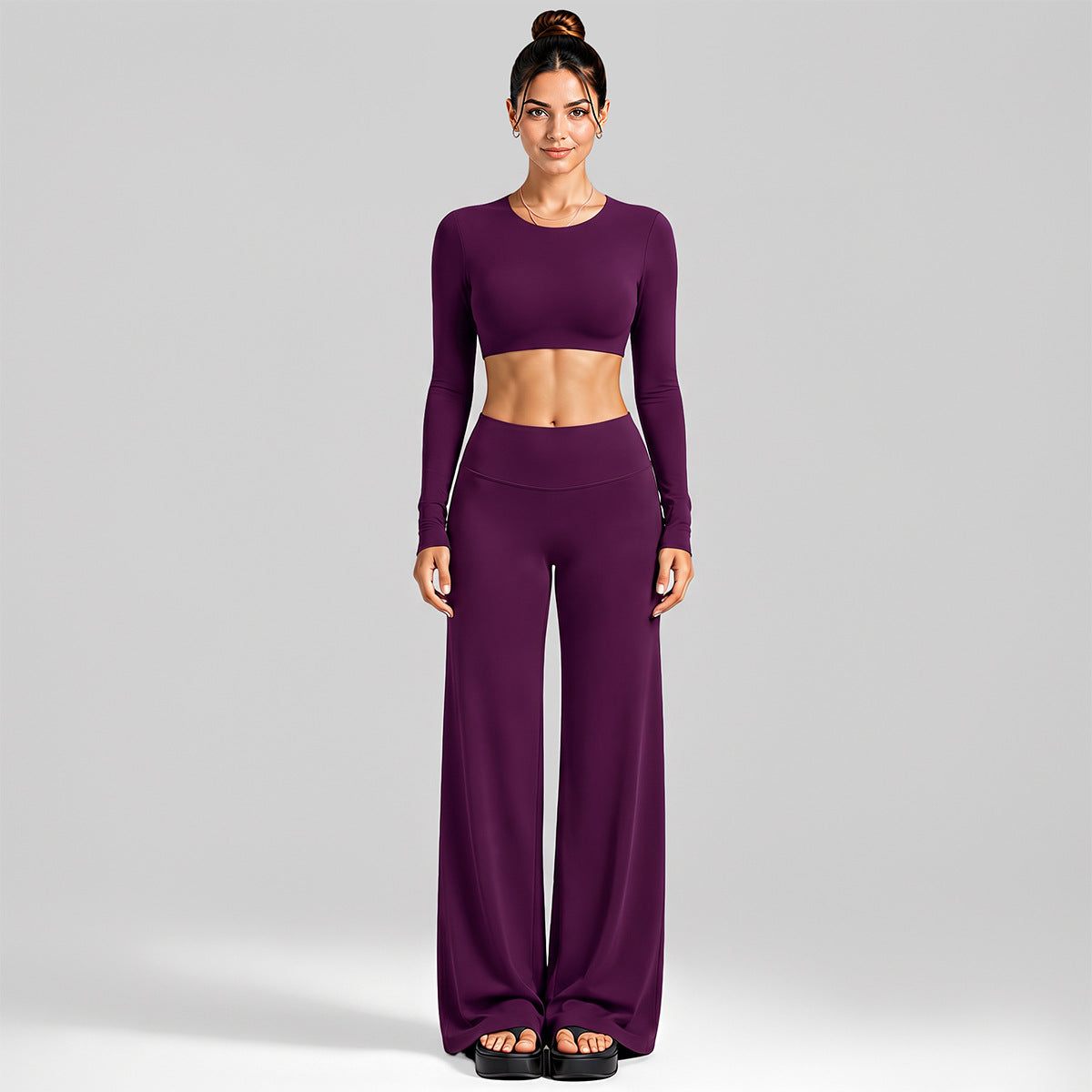 Wholesale Women’s Activewear Set | Cutout Back Long Sleeve Tee & High-Waisted Loose Pants | fouregg - Long Sleeve + Straight Pants Dark Purple