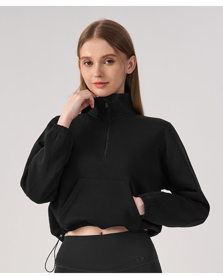 Wholesale Women’s Cropped Sweatshirt | Bulk Relaxed-Fit Half-Zip Workout Top | fouregg
