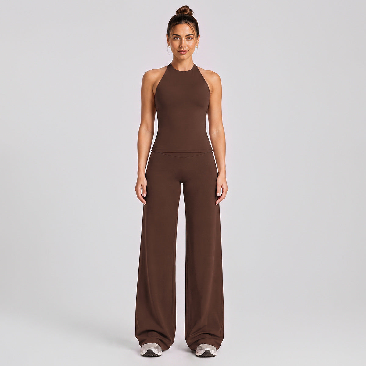 Wholesale Women’s Activewear Set | Slimming Sports Tank & Loose-Fit Workout Pants | fouregg - Wide-Leg Long Set, Dark Coffee Brown