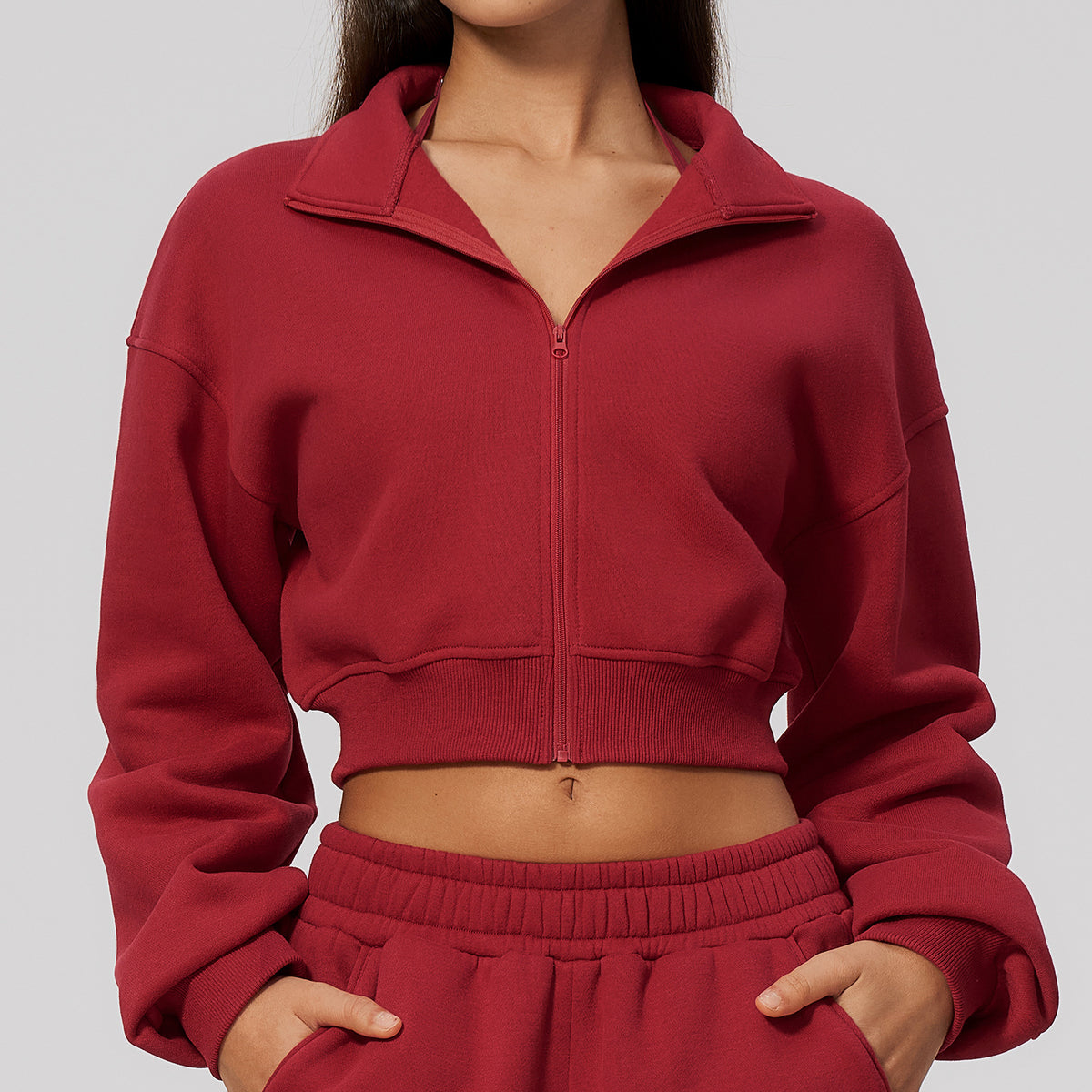 Wholesale Women’s Cropped Sports Jacket | Bulk Warm Windproof Fleece 3615 | fouregg - Cherry Red