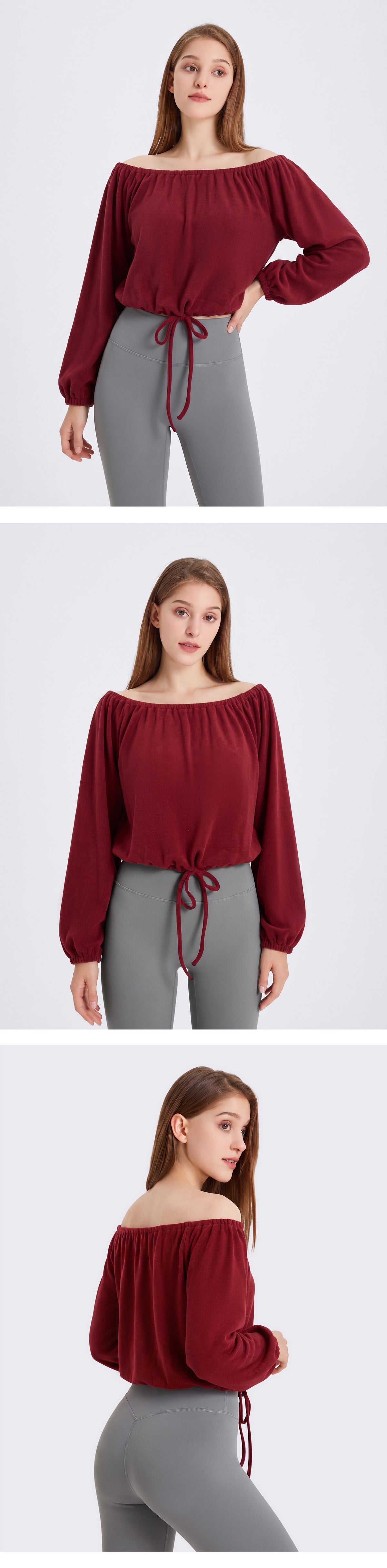 Wholesale Women’s Activewear Top | Slim-Fit Drawstring Off-Shoulder Warm-Up Shirt | fouregg