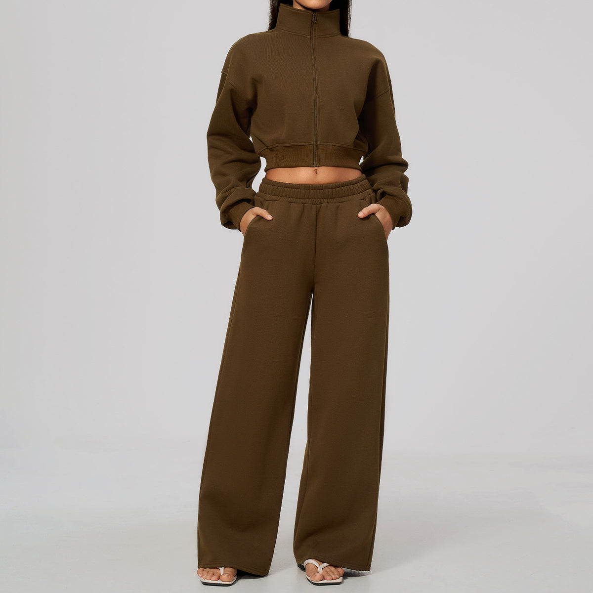 Wholesale Women’s Fleece Tracksuit | Bulk Cropped Jacket & Wide-Leg Pants 3615 | fouregg - 3615 Jacket+3615 Sweatpants—Aged Sandalwood Brown