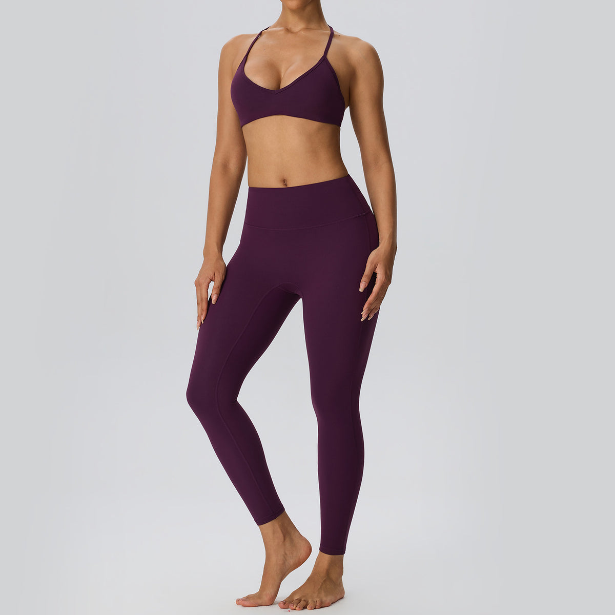 Wholesale Women’s Double-Brushed Yoga Set | Bulk Sculpting Sports Bra & High-Waist Leggings | fouregg - Plum Purple