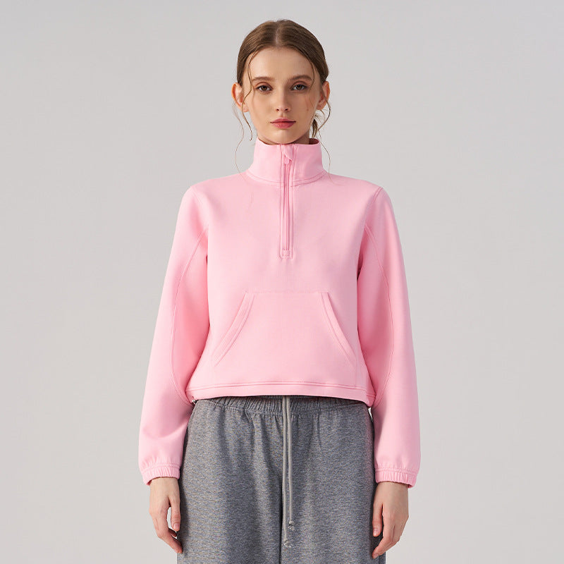 Wholesale Women’s Cropped Sweatshirt | Bulk Relaxed-Fit Half-Zip Workout Top | fouregg - Pink
