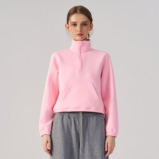 Wholesale Women’s Cropped Sweatshirt | Bulk Relaxed-Fit Half-Zip Workout Top | fouregg - Pink