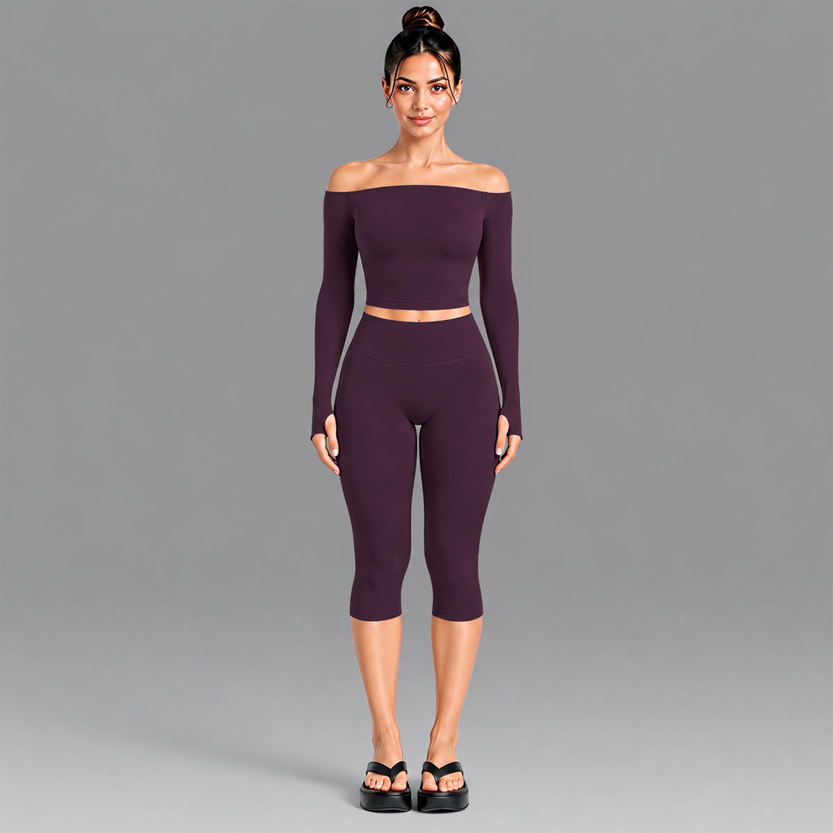 Wholesale Women’s Seamless Activewear Set | Slim-Fit Off-Shoulder Top & Peach-Lift Yoga Pants | fouregg - Long Sleeve + Shorts Dark Coffee