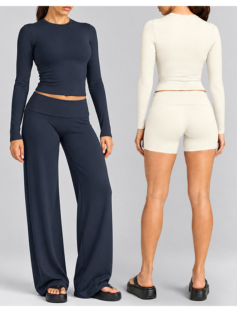 Wholesale Women’s Activewear Set | Fitted Long Sleeve Tee & Loose-Fit Foldover Waist Workout Pants | fouregg