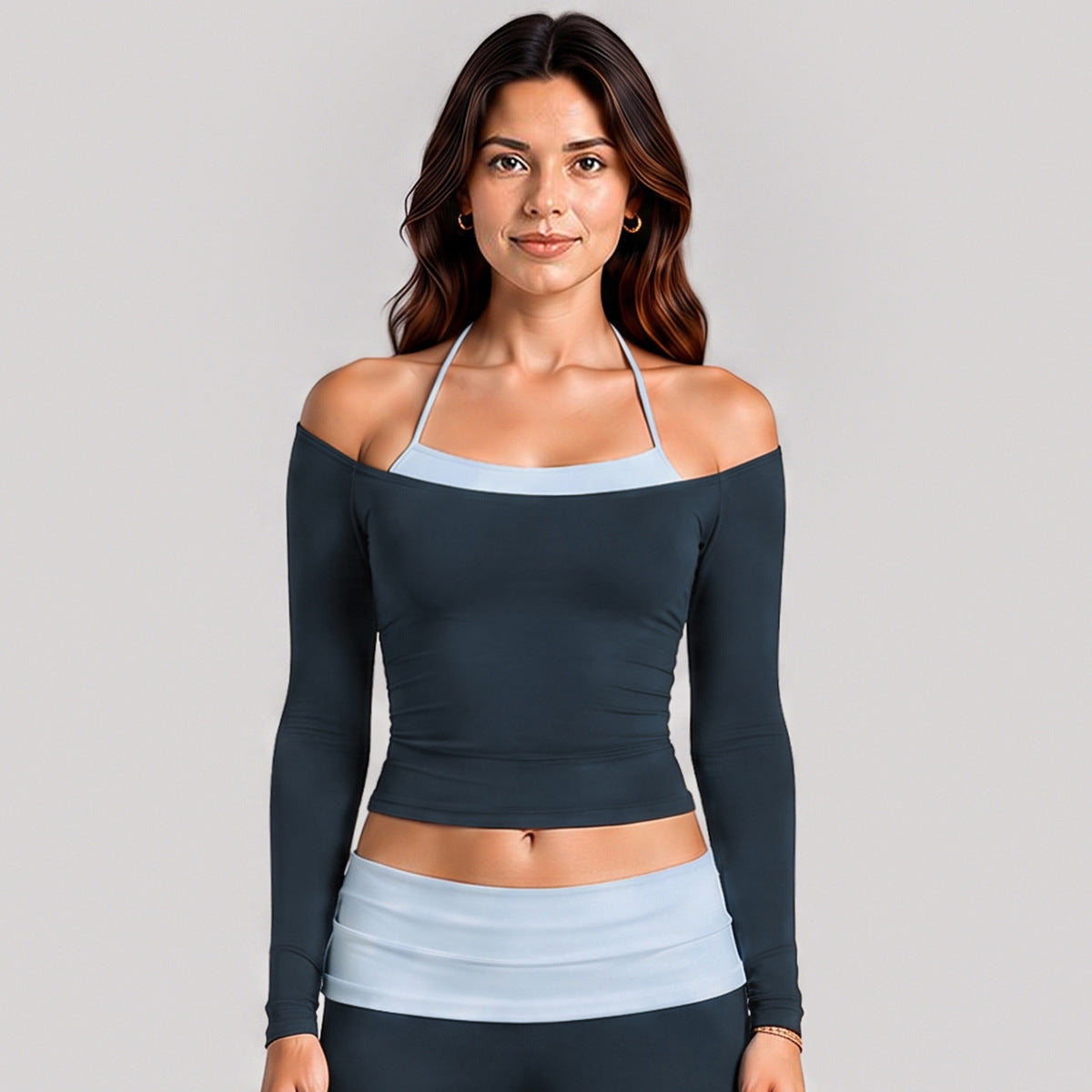 Wholesale Women’s Activewear Set | Long Sleeve Mock-Layer Halter Top & Straight-Leg Yoga Pants | fouregg - Long Sleeve Blueberry with Misty Blue