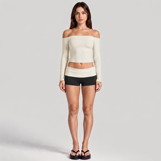 Wholesale Women’s Activewear Set | One-Shoulder Long Sleeve Top & High-Waisted Casual Yoga Pants | fouregg - Long Sleeve + Shorts, Off-White