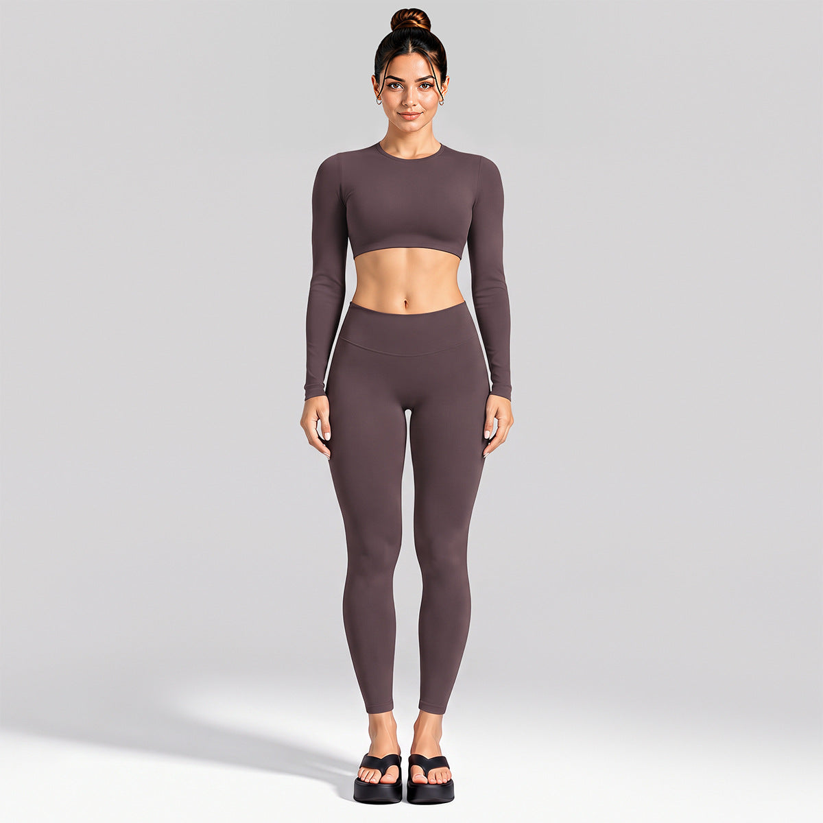 Wholesale Women’s Activewear Set | Cutout Back Long Sleeve Tee & High-Waisted Loose Pants | fouregg - Long Sleeve + Leggings Dark Brown