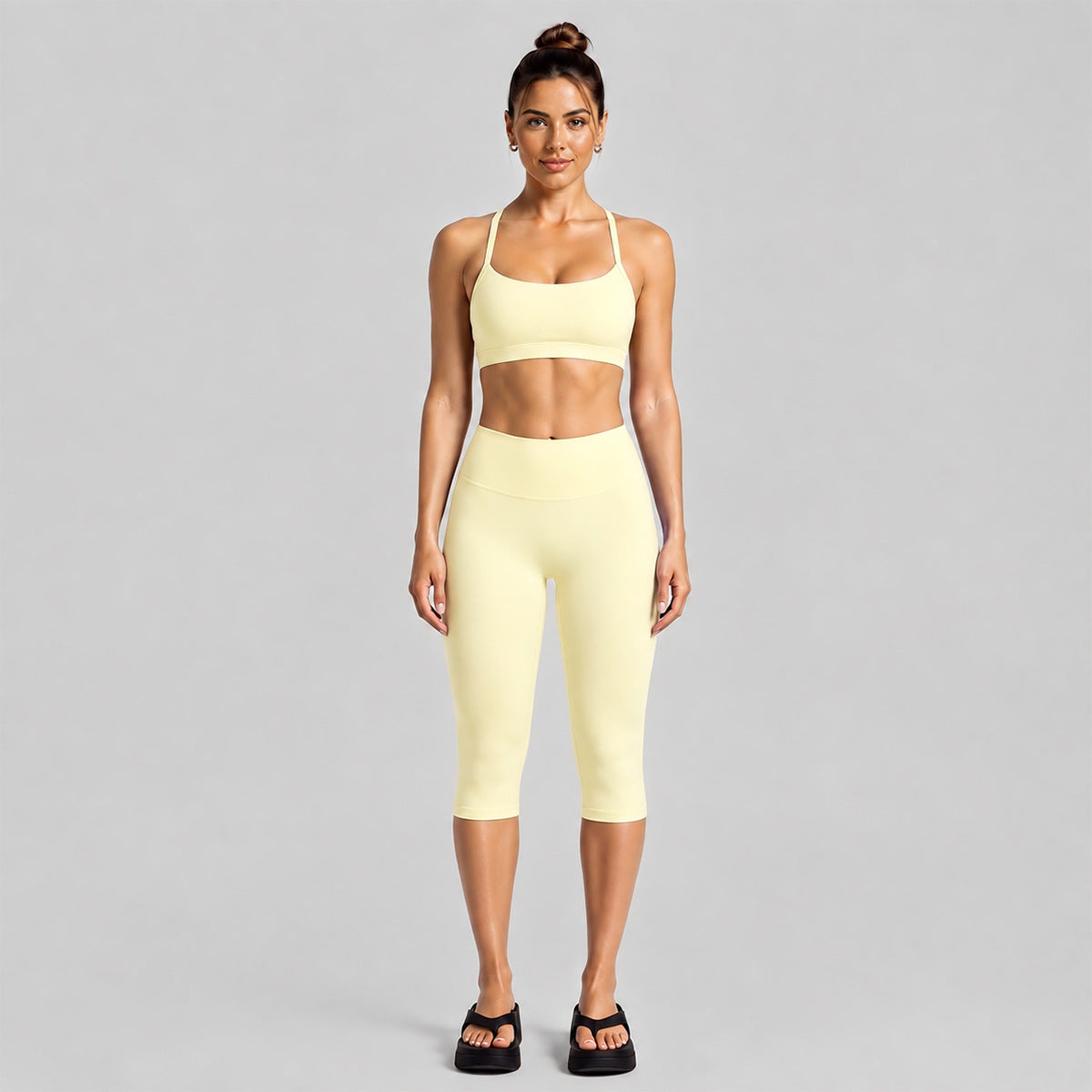 Wholesale Women’s Activewear Set | Halter Neck Sports Bra for Running, Cycling & Pilates | fouregg - Slim-Fit Mid-Length Set, Cream Yellow