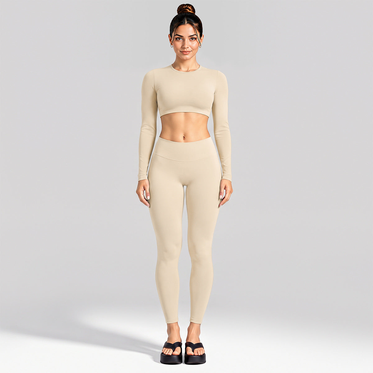 Wholesale Women’s Activewear Set | Cutout Back Long Sleeve Tee & High-Waisted Loose Pants | fouregg - Long Sleeve + Leggings Cream Beige