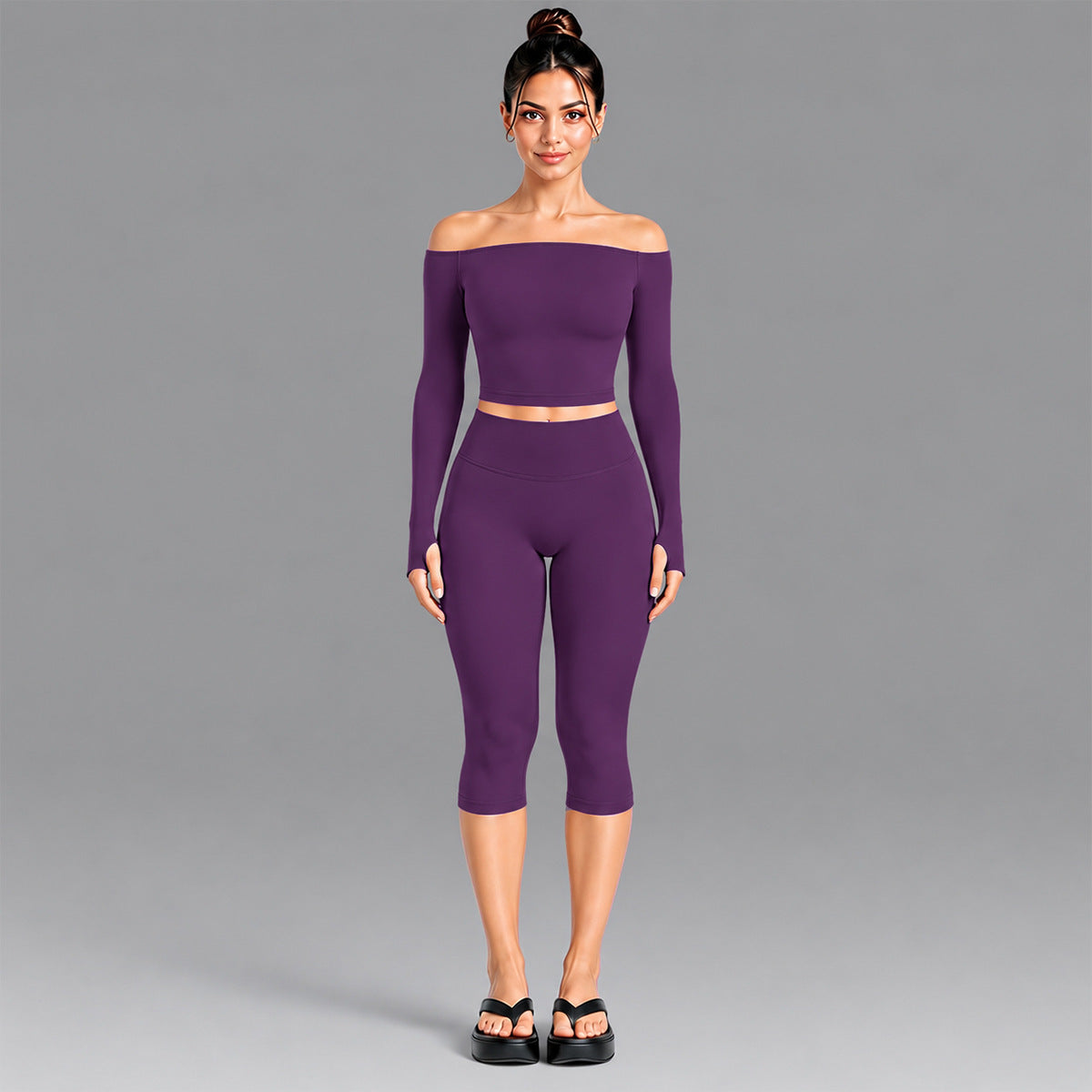 Wholesale Women’s Seamless Activewear Set | Slim-Fit Off-Shoulder Top & Peach-Lift Yoga Pants | fouregg - Long Sleeve + Shorts Grape Purple