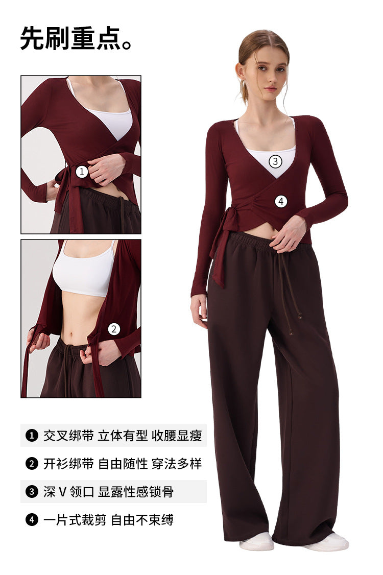 Wholesale Women’s Wrap Yoga Top | Thin Long-Sleeve Crossover Cardigan for Pilates & Activewear | fouregg