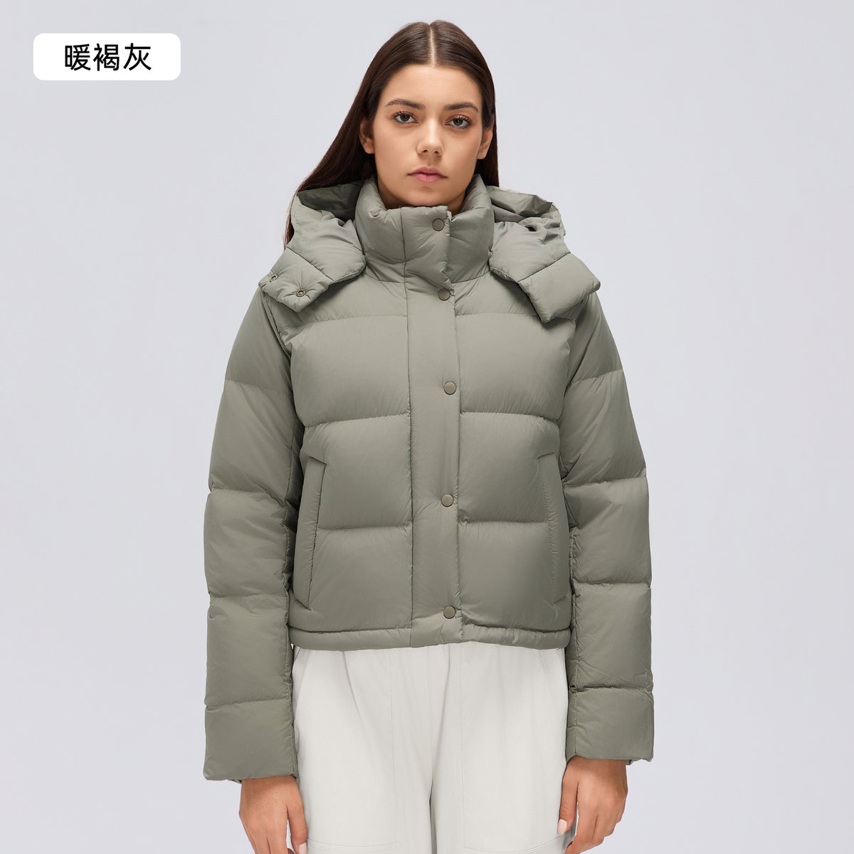 Wholesale Women’s Short Puffer Jacket D26149 | Warm Wind-Resistant Hooded Down Coat for Petite Sizes | fouregg - Warm Taupe