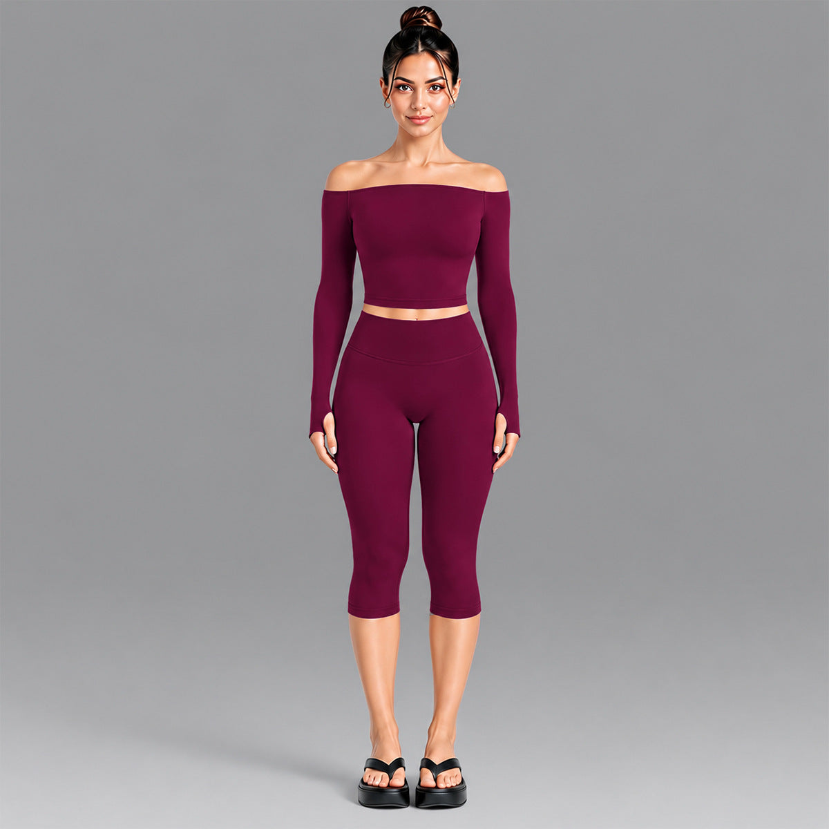 Wholesale Women’s Seamless Activewear Set | Slim-Fit Off-Shoulder Top & Peach-Lift Yoga Pants | fouregg - Long Sleeve + Shorts Plum