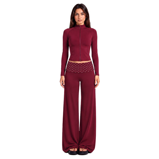 Wholesale Women’s Activewear Set | Slim-Fit Zip-Up Jacket & Contrast Polka Dot Foldover Waist Pants | fouregg
