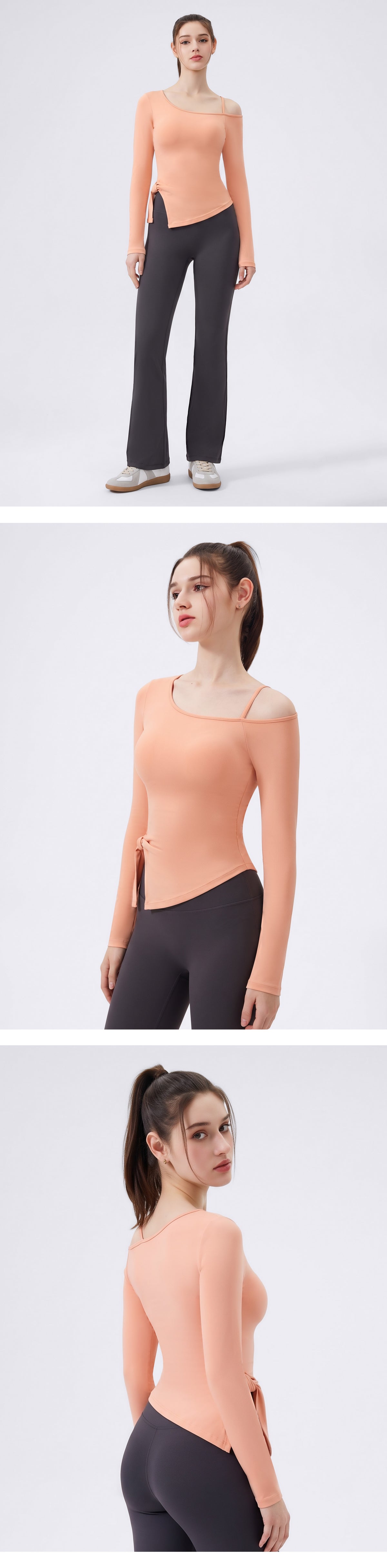 Wholesale Women’s Bow-Detail Workout Top | Split-Hem Off-Shoulder Running & Yoga Activewear | fouregg