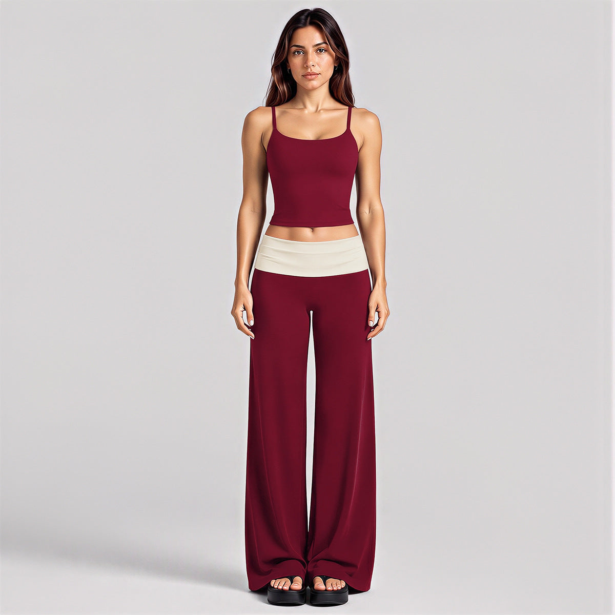 Wholesale Women’s Activewear Set | Backless Sports Tank & Color-Block High-Waisted Yoga Leggings | fouregg - Tank Top + Long Pants, Rumba Red