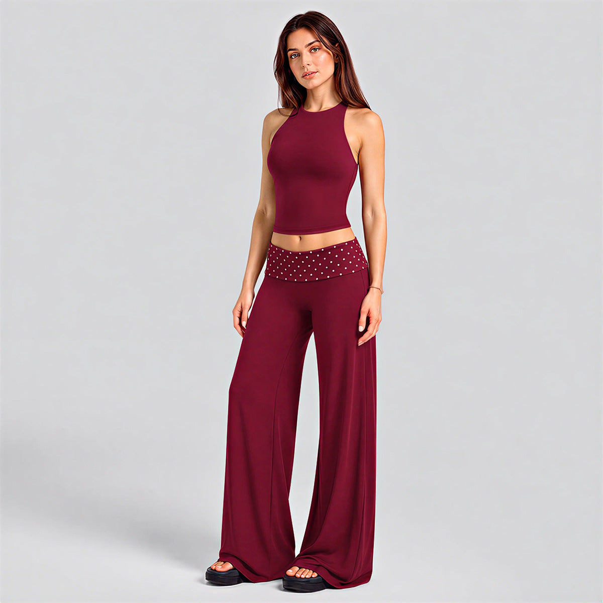 Wholesale Women’s Activewear Set | Halter Sports Top & Contrast Polka Dot Workout Pants | fouregg - Tank Top + Pants, Salsa Red