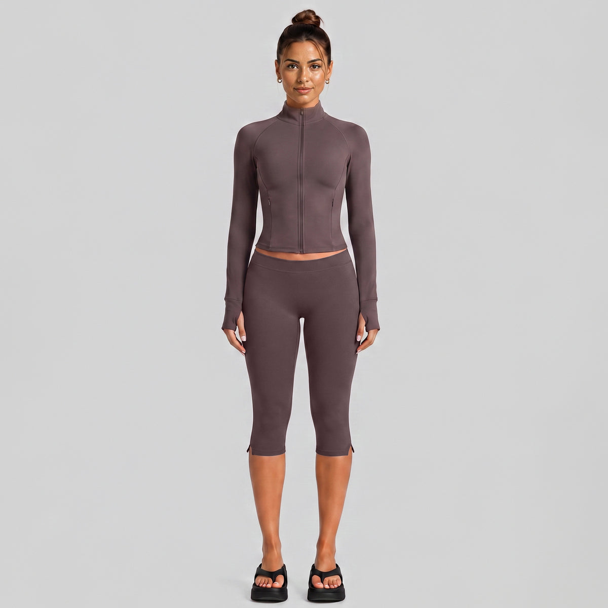 Wholesale Women’s Casual Tracksuit | Fitted Zip-Up Jacket & Versatile Outdoor Running Outfit | fouregg - Dark Brown