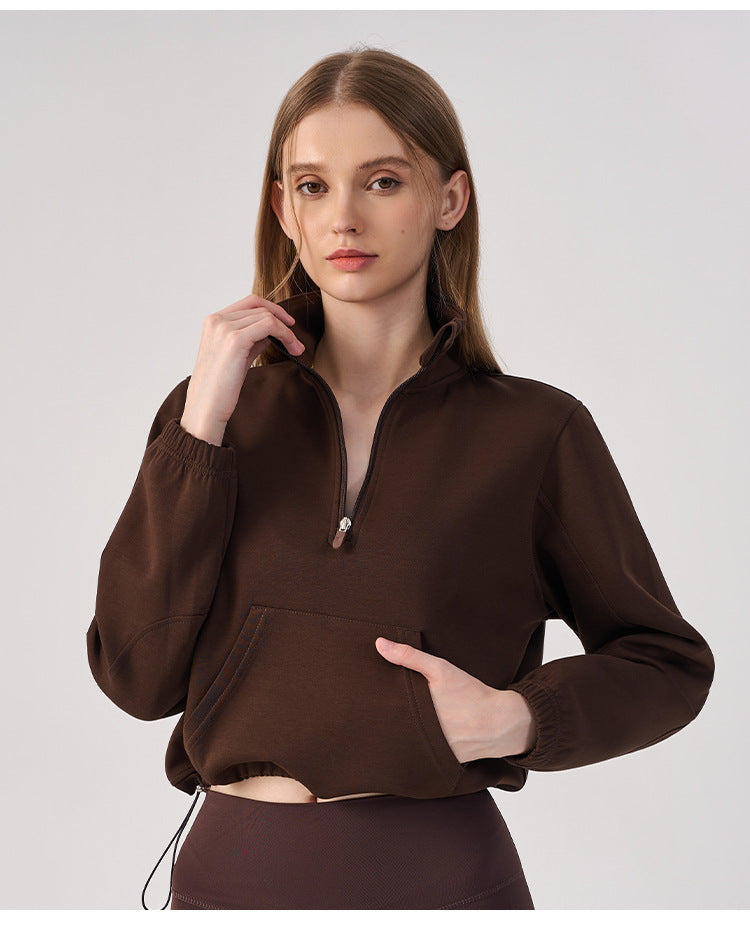 Wholesale Women’s Cropped Sweatshirt | Bulk Relaxed-Fit Half-Zip Workout Top | fouregg