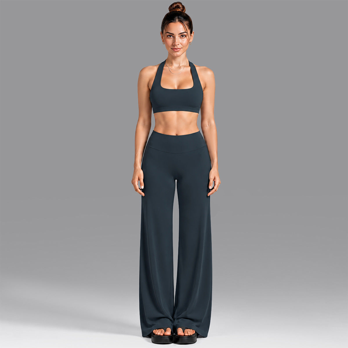Wholesale Women’s Summer Activewear Set | Built-In Cup Halter Bra & Open-Back Pilates Outfit | fouregg - Underwear + Pants Blueberry