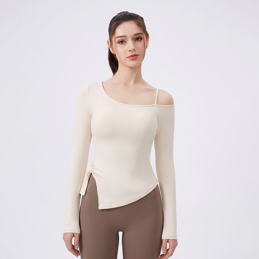 Wholesale Women’s Bow-Detail Workout Top | Split-Hem Off-Shoulder Running & Yoga Activewear | fouregg - Cream White