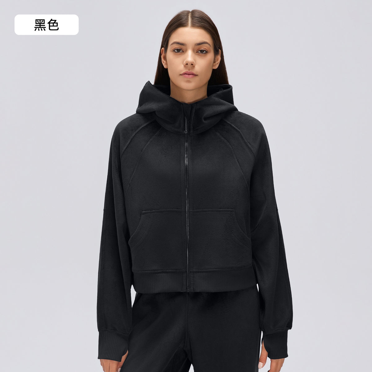 Wholesale Women’s Winter Hoodie Jacket D26119 | Loose-Fit Cropped Casual Sportswear Top | fouregg - Black