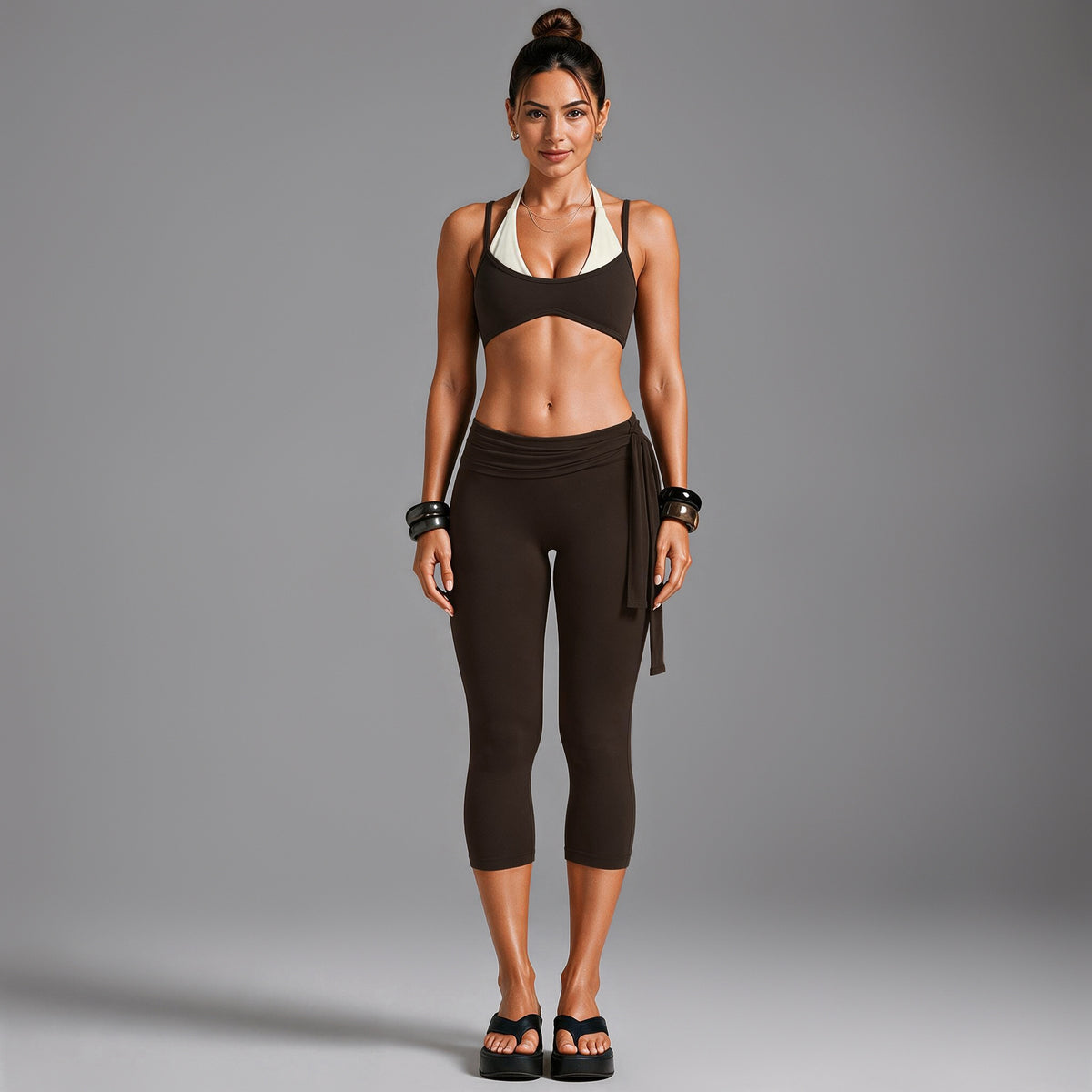 Wholesale Women’s Open-Back Activewear Set | Halter Yoga Bra & Ballet-Style Tie-Waist Pants | fouregg - Underwear + mid-length pants, root brown