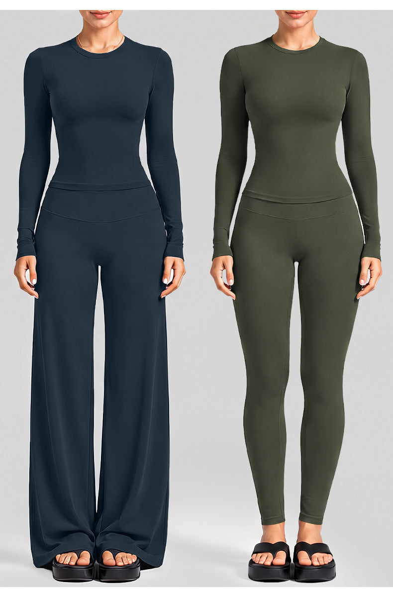 Wholesale Women’s Activewear Set | Fitted Long Sleeve Tee & Loose Straight-Leg Workout Trousers | fouregg