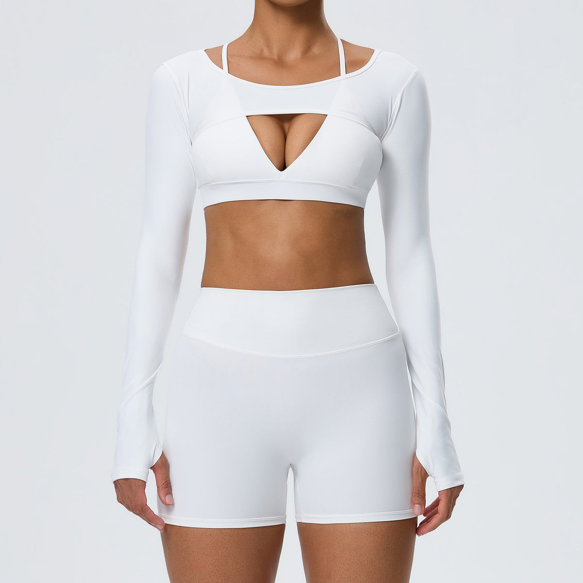 Wholesale Women’s Double-Brushed Yoga Set | Bulk Sports Bra, Sculpting Shorts & Cover-Up | fouregg - White