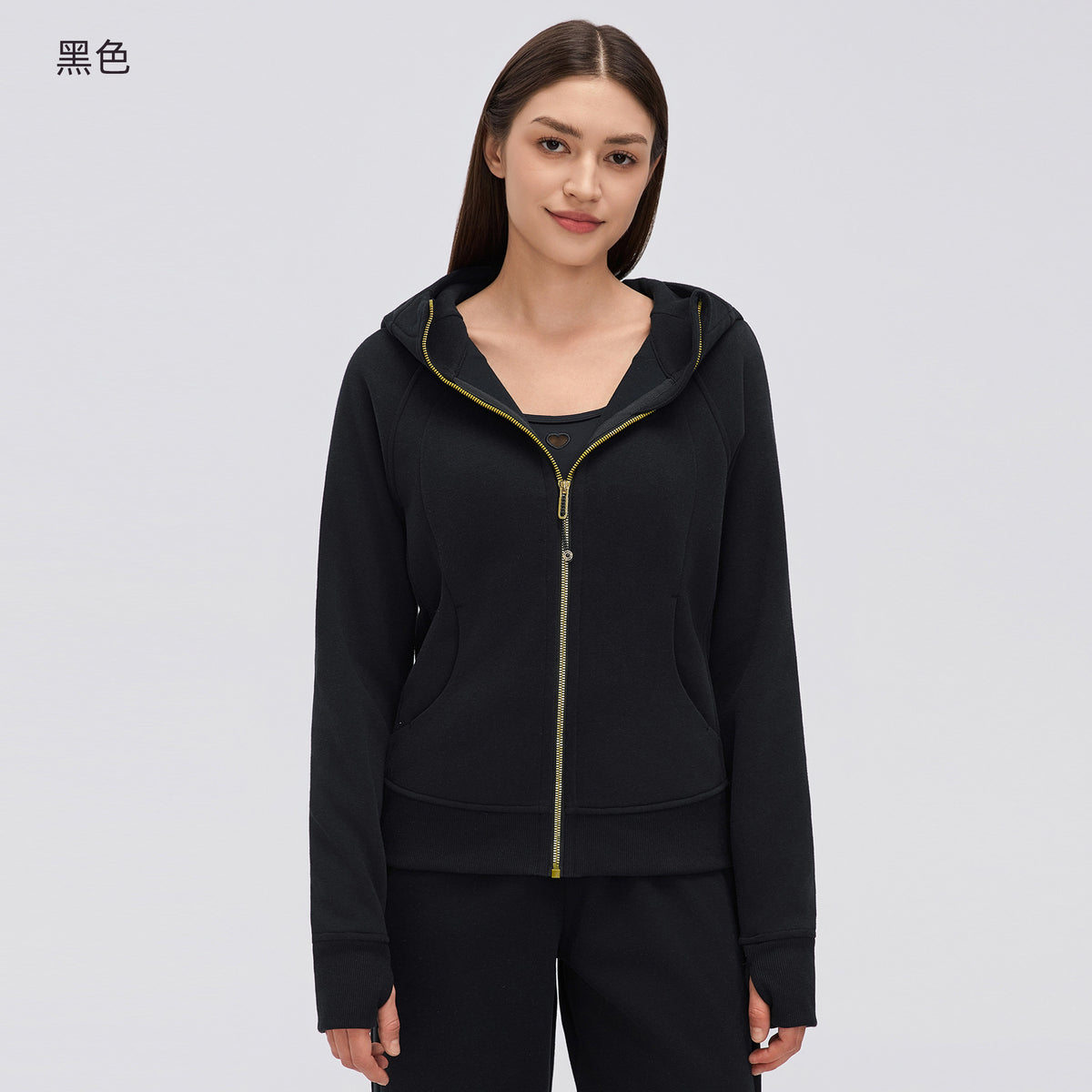 Wholesale Women’s Winter Workout Jacket D26115 | Warm Drawstring Waist Hooded Fitness Top | fouregg - Black