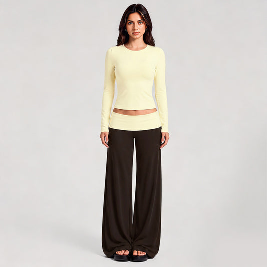Wholesale Women’s Activewear Set | Fitted Long Sleeve Workout Tee & Casual Fitness Pants | fouregg - Cream Yellow