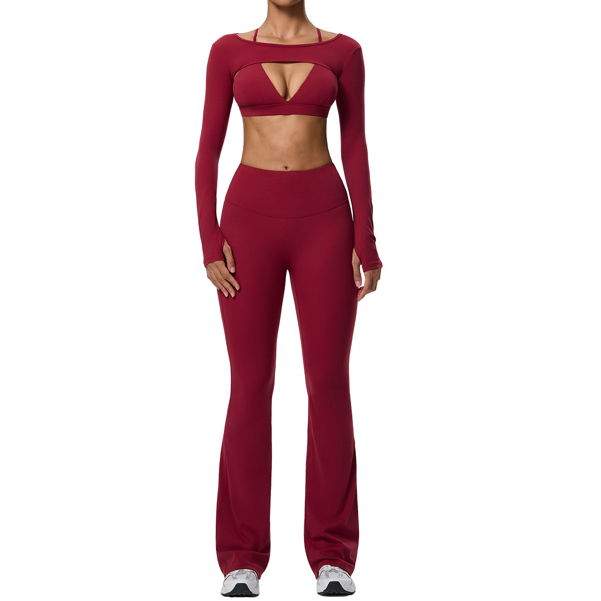 Wholesale Nude-Feel Activewear Set | Double-Brushed Bra, Butt-Lift Flare Pants & Cover-Up | fouregg