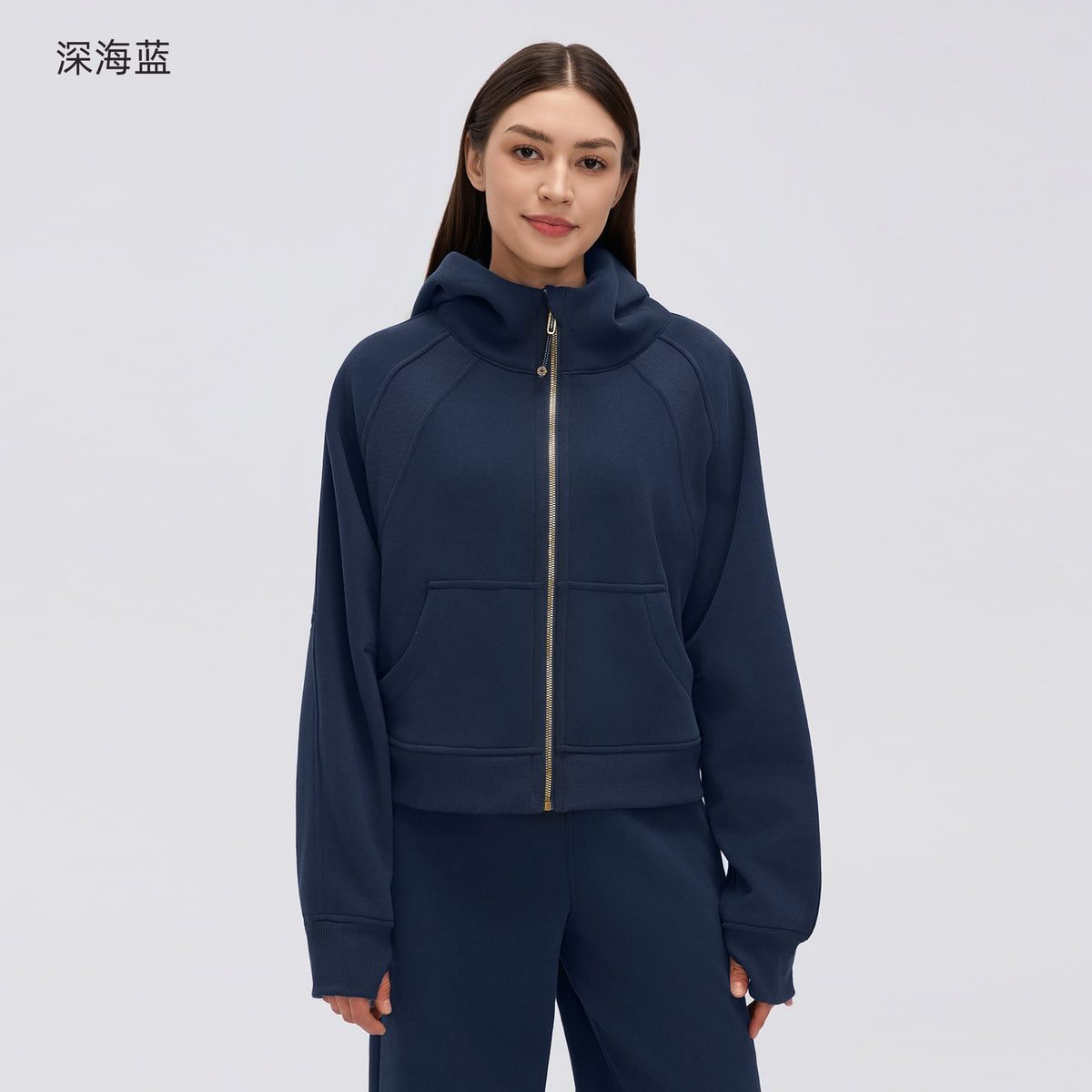 Wholesale Women’s Winter Cropped Hoodie Jacket | Relaxed-Fit Thermal Sportswear for Petite Sizes | fouregg - Deep Sea Blue