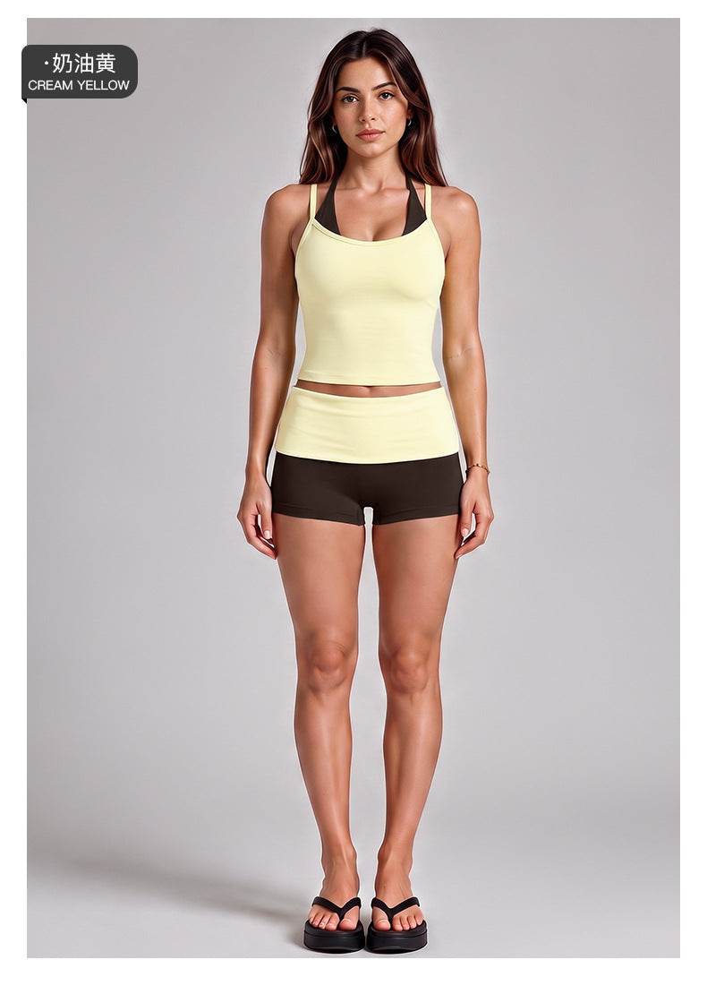 Wholesale Women’s Activewear Set | Halter Sports Top & Color-Block High-Waisted Yoga Pants | fouregg