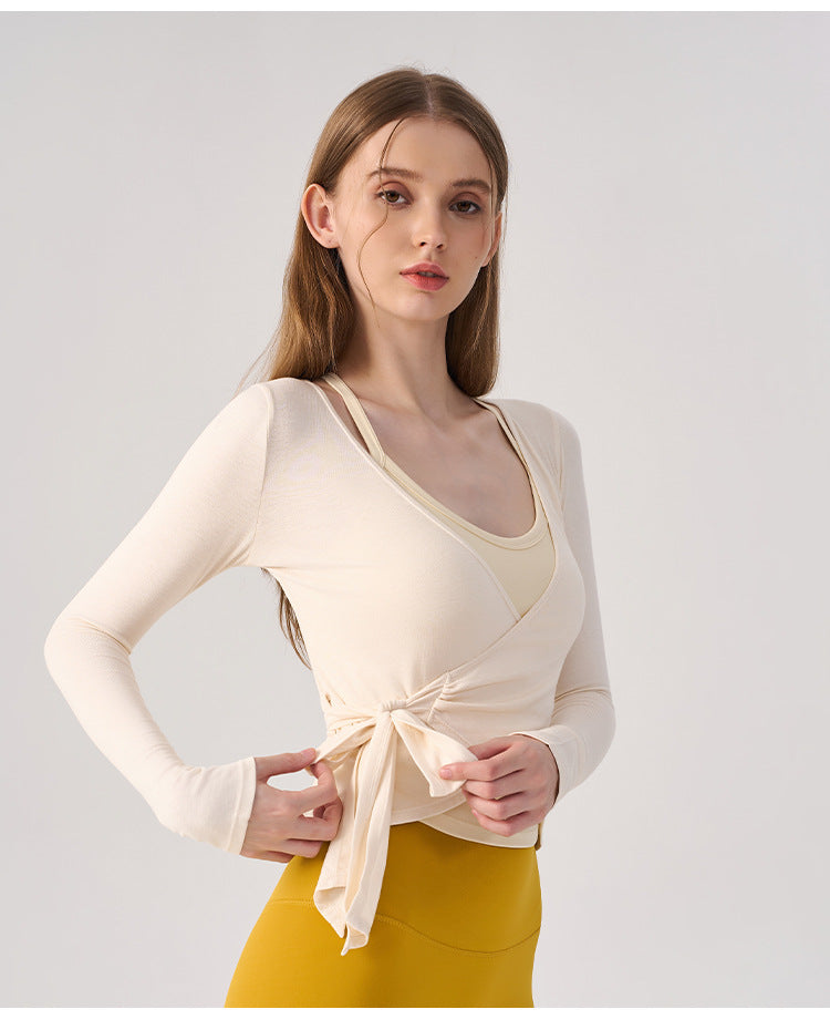 Wholesale Women’s Wrap Yoga Top | Thin Long-Sleeve Crossover Cardigan for Pilates & Activewear | fouregg
