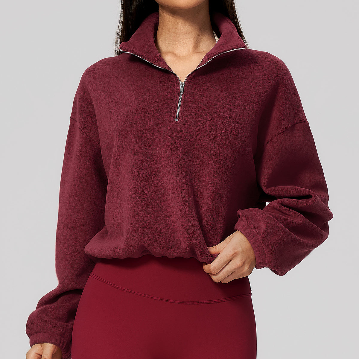 Wholesale Women’s Half-Zip Sports Top | Bulk Relaxed-Fit Color Block Sweatshirt 3619 | fouregg - Velvet Red