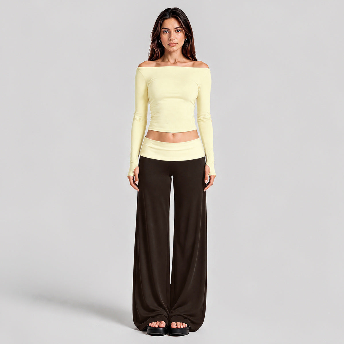 Wholesale Women’s Activewear Set | Quick-Dry Long Sleeve Off-Shoulder Top & High-Waisted Workout Pants | fouregg - Long Sleeve + Pants, Cream Yellow