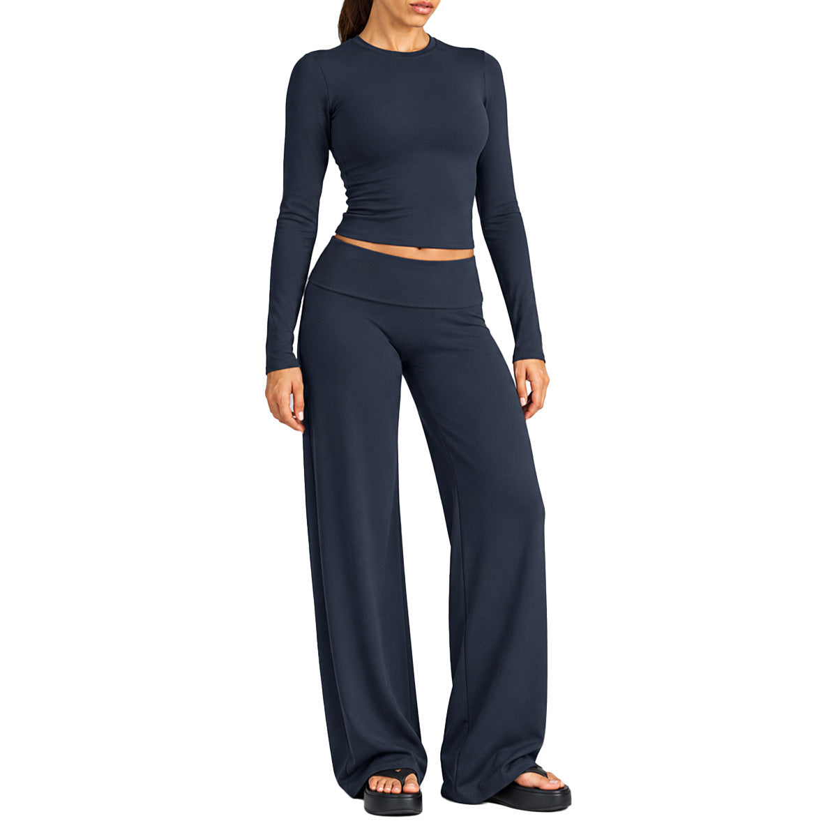 Wholesale Women’s Activewear Set | Fitted Long Sleeve Tee & Loose-Fit Foldover Waist Workout Pants | fouregg