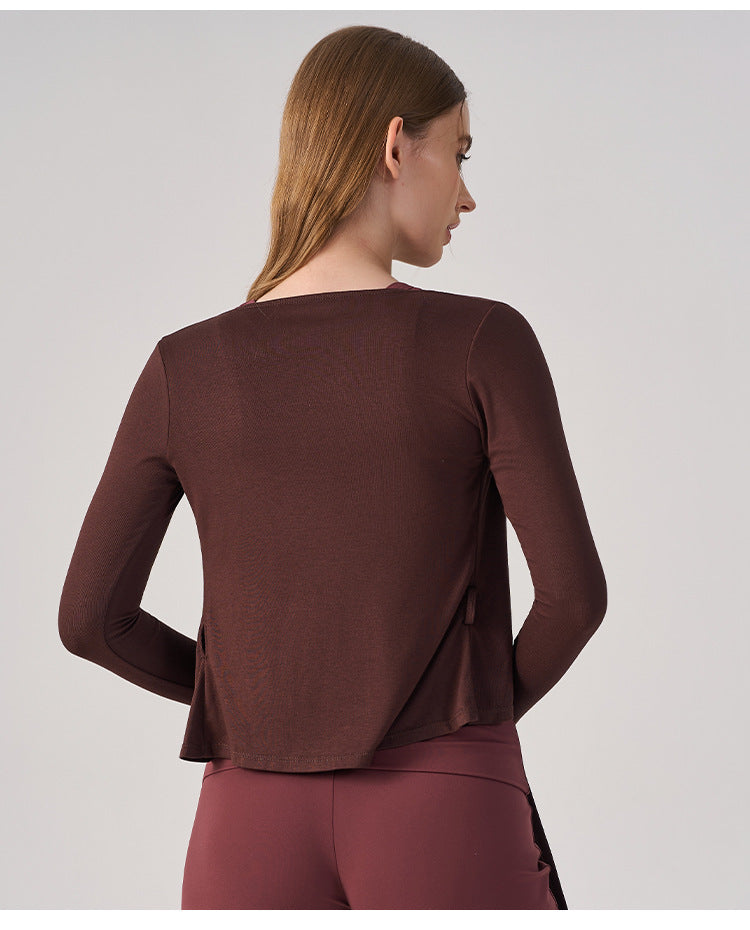 Wholesale Women’s Wrap Yoga Top | Thin Long-Sleeve Crossover Cardigan for Pilates & Activewear | fouregg