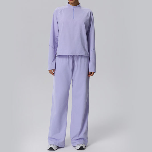 Wholesale Waffle Fabric Long-Sleeve Top & Casual Pants 2-Piece Sports Set | fouregg