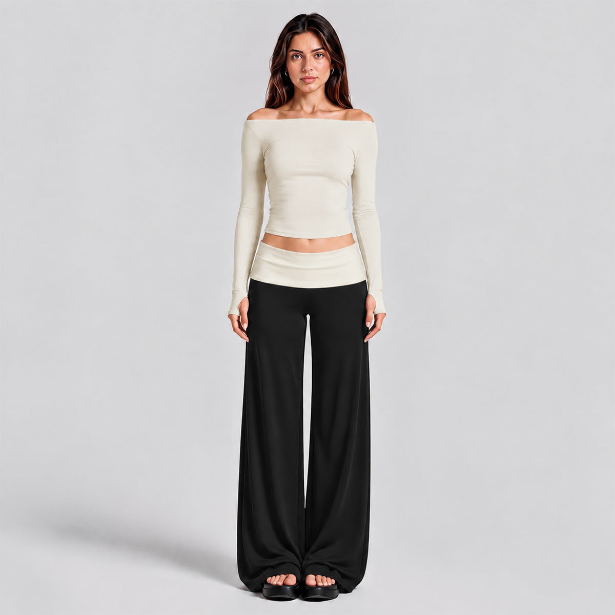 Wholesale Women’s Activewear Set | Quick-Dry Long Sleeve Off-Shoulder Top & High-Waisted Workout Pants | fouregg - Long Sleeve + Pants, Albumen White