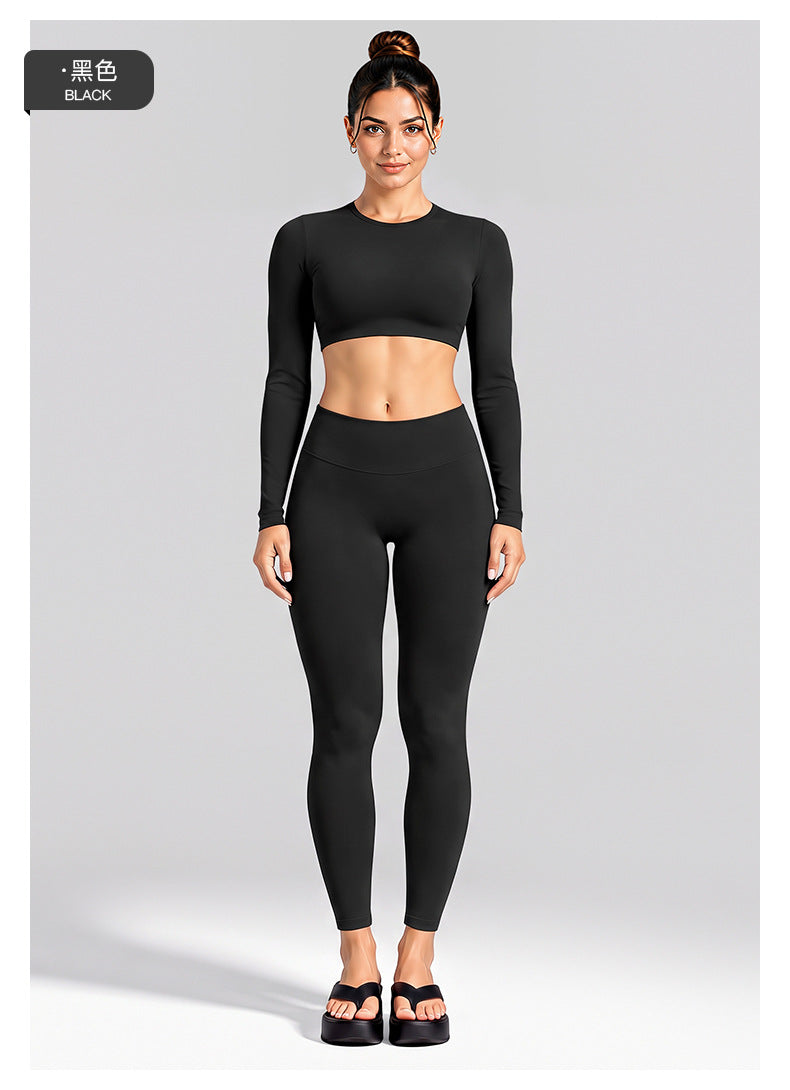 Wholesale Women’s Activewear Set | Cutout Back Long Sleeve Tee & High-Waisted Loose Pants | fouregg