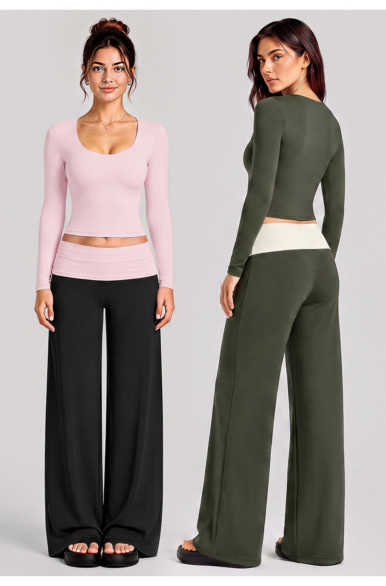 Wholesale Women’s Activewear Set | Color-Block Long Sleeve Tee & High-Waisted Training Pants | fouregg