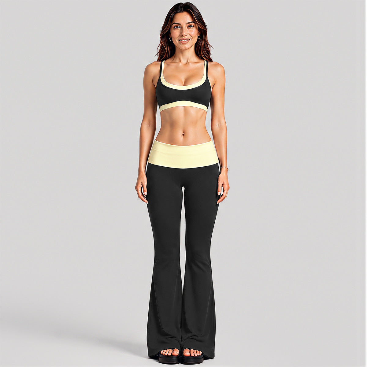 Wholesale Women’s Activewear Set | Faux-Layered Sports Bra & Quick-Dry Flared Yoga Pants | fouregg